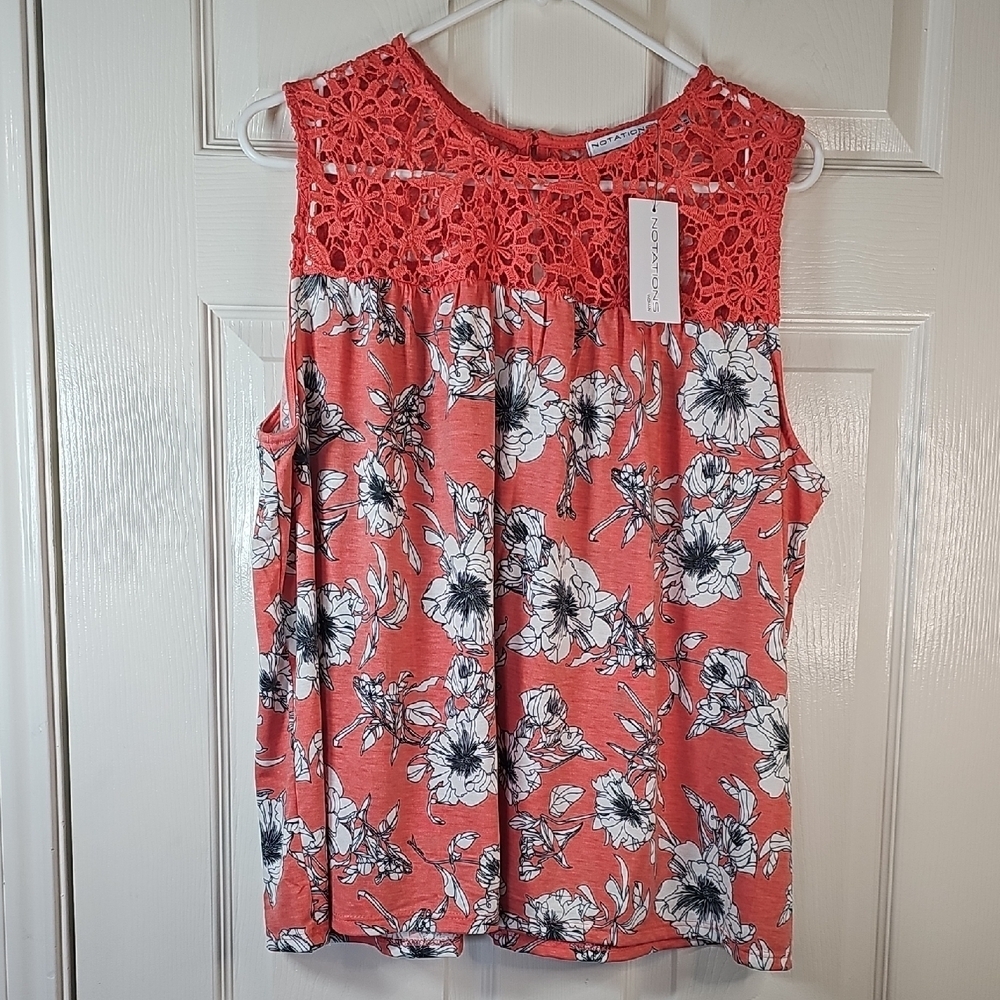 NWT Notations Women Floral Crochet Sleeveless Blouse Salmon 1X